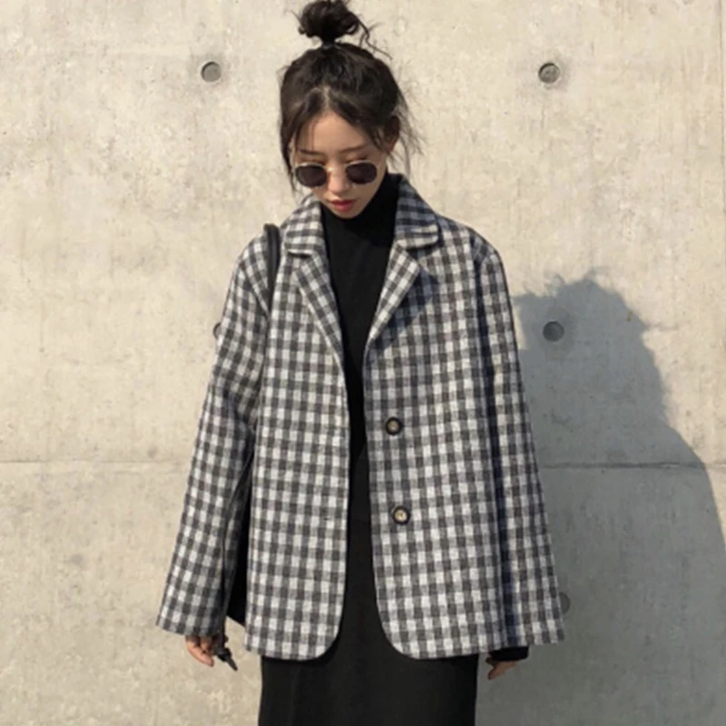 Harajuku Style Black White Plaid Jacket Women 2018 New Spring Womens Coat Long Sleeve Single-breasted Suit Collar Basic Jackets Harajuku Style Black White Plaid Jacket Women 2018 New Spring Womens Coat Long Sleeve Single-breasted Suit Collar Basic Jackets