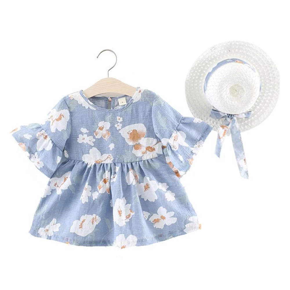 Summer Baby Girls Children's Clothing Girl's Dresses Flower Printed Lotus Leaf Dress Mini Bebe Kids Dresses+Straw Hat | Детская
