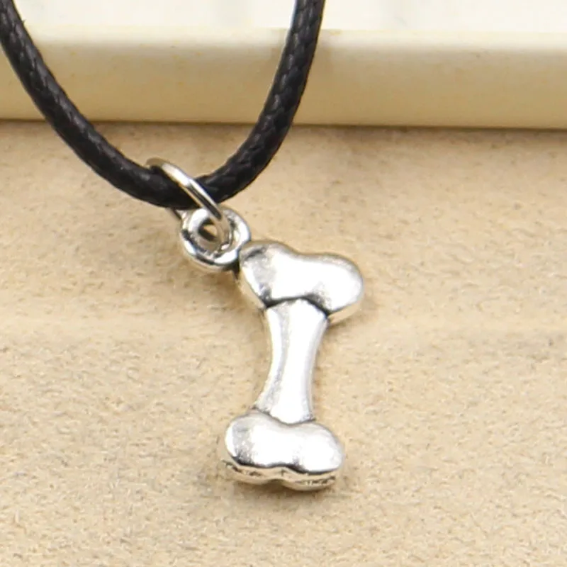 New Durable Black Faux Leather Dog Bone Cord Choker Charm DIY Necklace Pendant Retro Boho Tibetan Silver Color | Украшения и