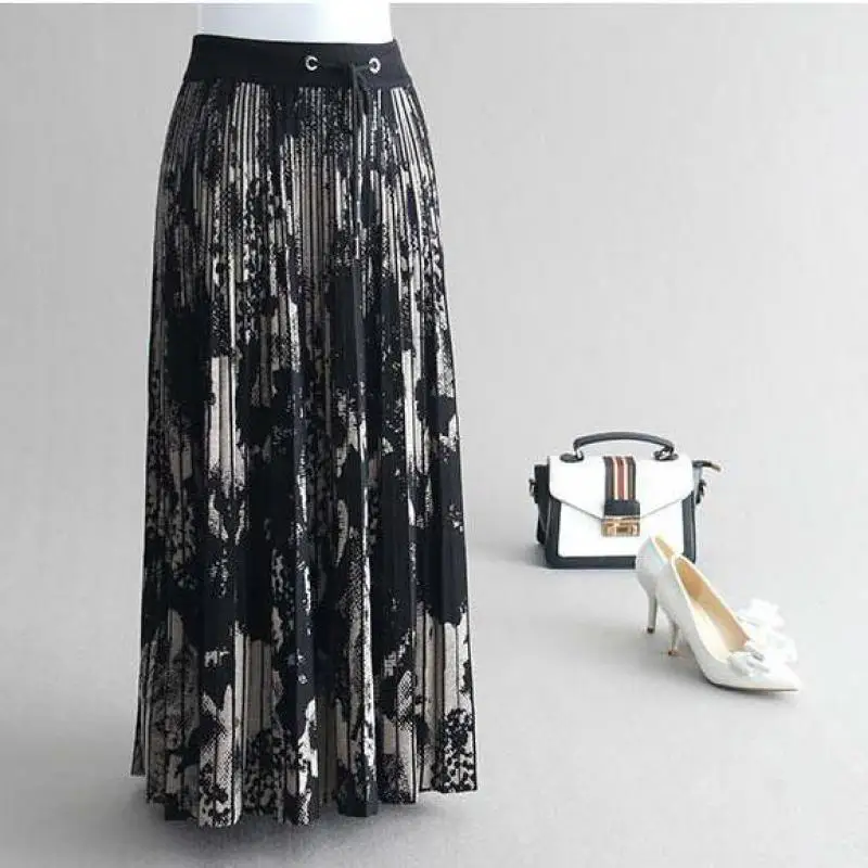 

Shuchan Falda Midi Vintage Pleated Skirt Saia Knitted Print Mid-calf Women's Skirt Elasticity Thick 2018 Winter Autumn Clothing