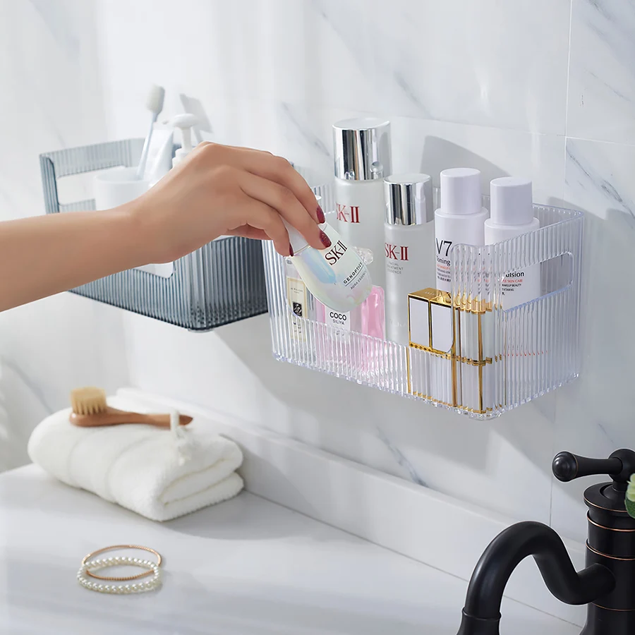 

Large Capacity Bathroom Storage Floating Shelf Rack Waterproof Home Decoration Kitchen Accessories Free Punching Wall Hanging