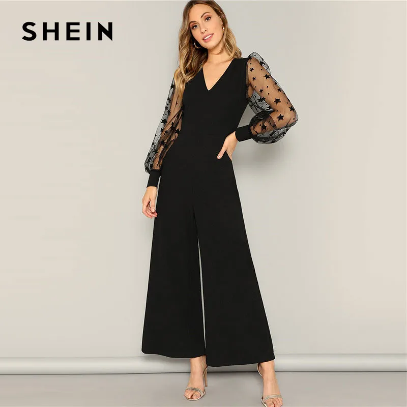 SHEIN Black Contrast Mesh Galaxy Print Sleeve Top And Wide Leg Pants Jumpsuits Women Elegant V neck OL Work Plain Jumpsuit SHEIN Black Contrast Mesh Galaxy Print Sleeve Top And Wide Leg Pants Jumpsuits Women Elegant V neck OL Work Plain Jumpsuit