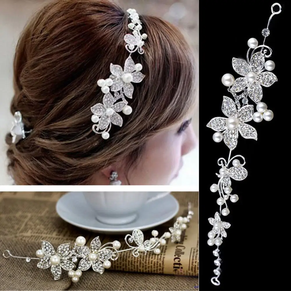

Spring Summer Women Ladies Silver Rhinestone Crystal Bridal Wedding Flower Pearls Headband Hair Clip Comb Hairpin Jewelry