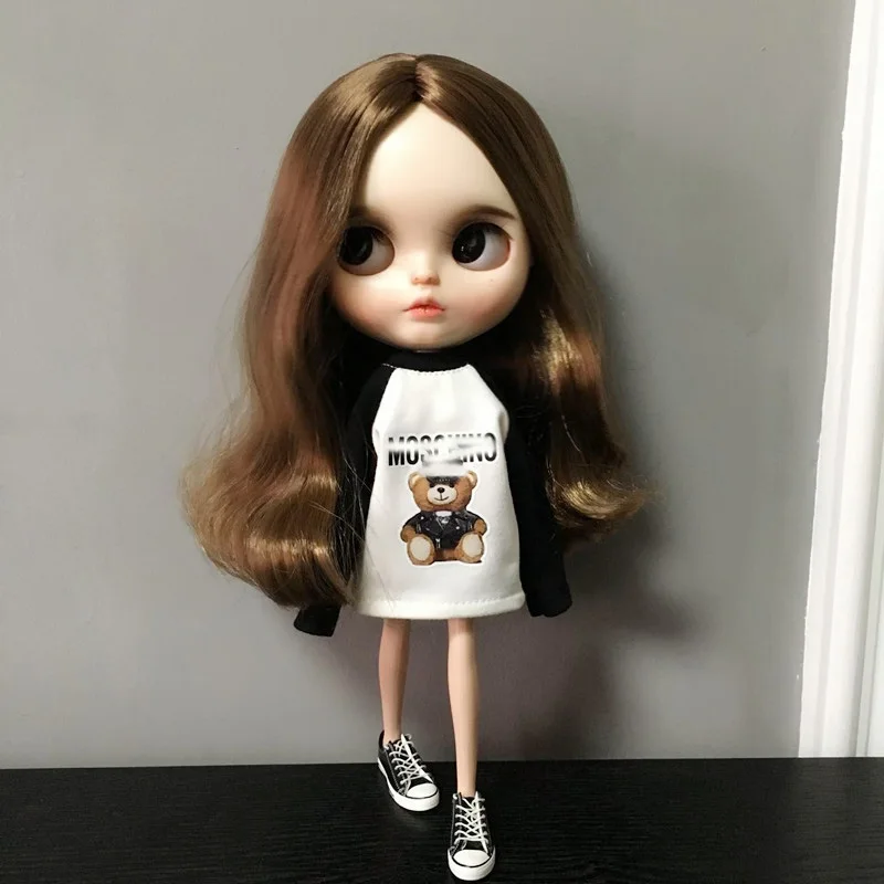 

Black White Patchwork Printing Long Sleeve Hoodie Sweatshirt for Neo lythe Doll 1/6 Pullip Doll Barbies T-shirt Doll Accessories
