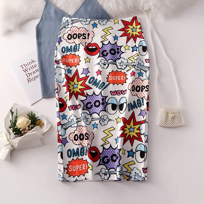 

2019 New Summer Woman High Waist Cute Cartoon Printing Graffiti Pencil Skirt Korean Style Slim Fit Stretch Bodycon Midi Skirt