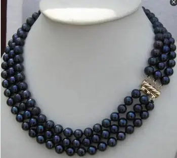 

free shipping Noble jewelry triple strands 8-9mm natural south seas black pearl necklaces