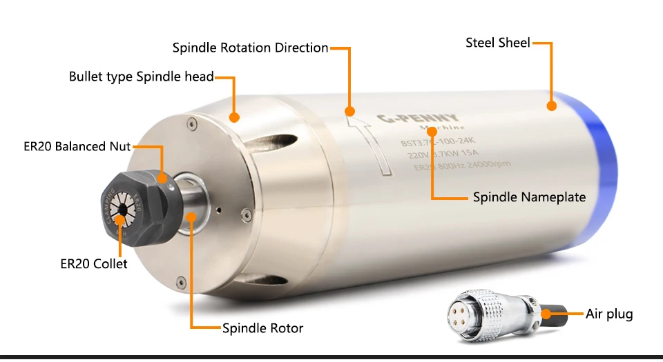 3.7kw металлический рабочий шпиндель ER20 1.69Nm, используемый для нержавеющей стали, меди, стали, железа 800 Гц полюс = 4 мотор шпинделя с водяным охлаждением