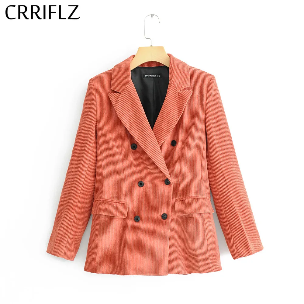 

CRRIFLZ New 2019 Vintage Women Full Sleeve Corduroy Blazer Coral Red Double Breasted Outwear Autumn Elegant Coat Office Lady