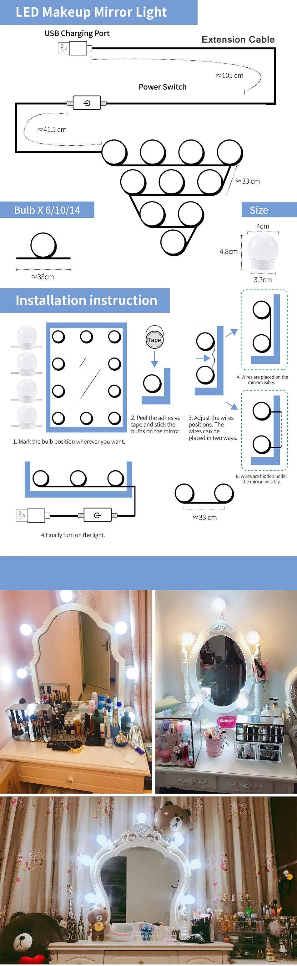 Светодиодный 12 в зеркало для макияжа с подсветкой Лампа голливудская группа ламп Плавная регулировкая яркости настенная лампа 6 10 14 лампочек комплект для туалетного столика