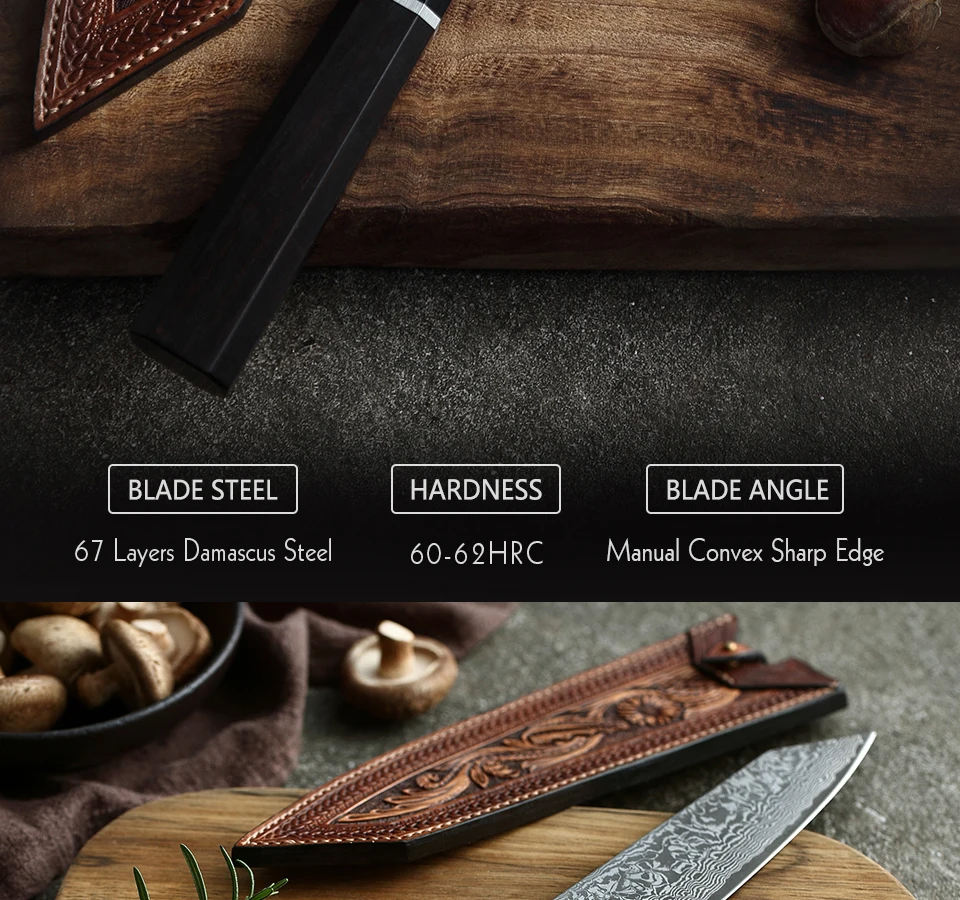 HEZHEN 8 ''повар Ножи Японии VG10 Дамаск Сталь Кухня ножей с красивой обложке готовить инструменты эбенового дерева+ ручка в форме рога быка