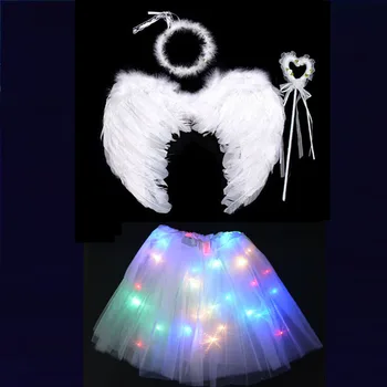 

5set Girl Baby White Angel Wing Headband Wands LED Light Tutu Skirt Party Birthday Gift Cosplay Dance Glow Show costume