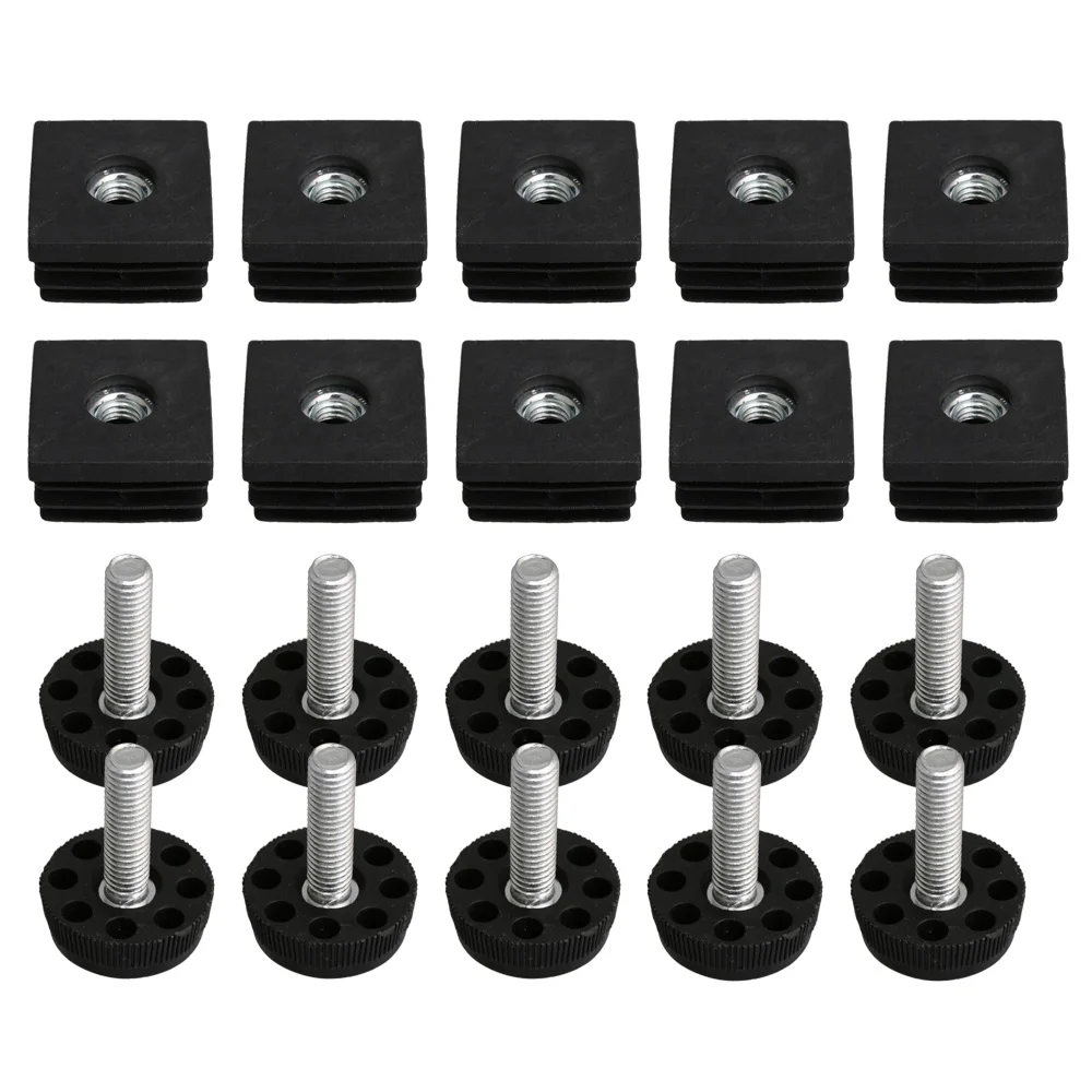10x BQLZR 30mmx30mm M8 Thread Black Plastic Furniture Table Leg Plug Blanking End Caps Insert Plugs with Adjust Thread Feet