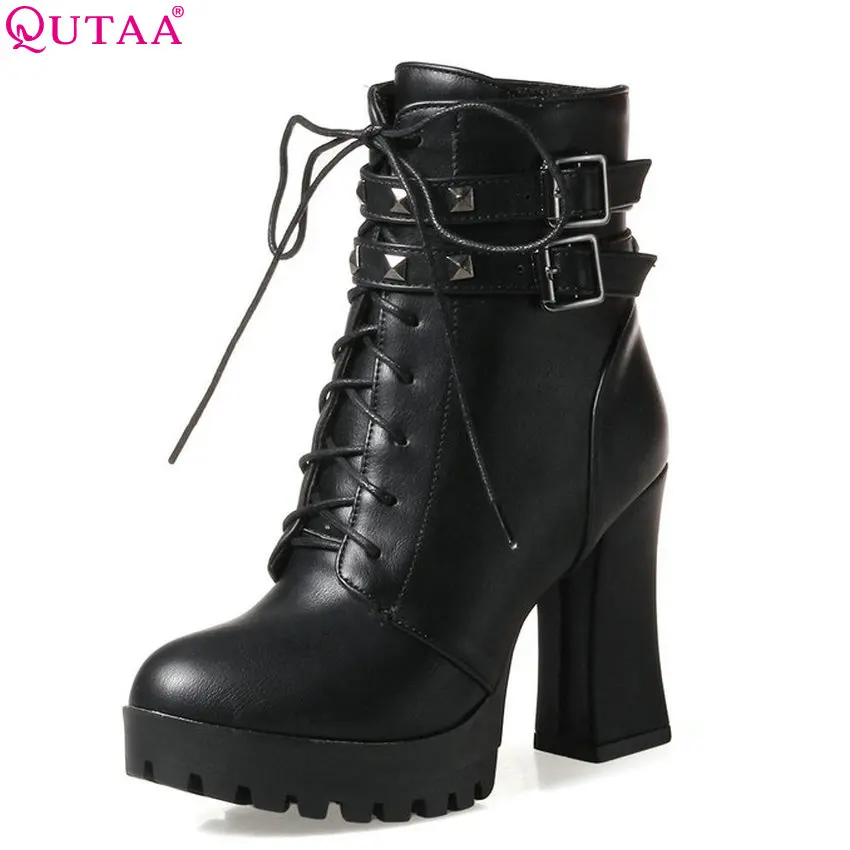 

QUTAA 2019 Women Ankle Boots Zipper U Leather Platform Winter Shoes Square High Heel Round Toe Women Boots Big Size 34-43