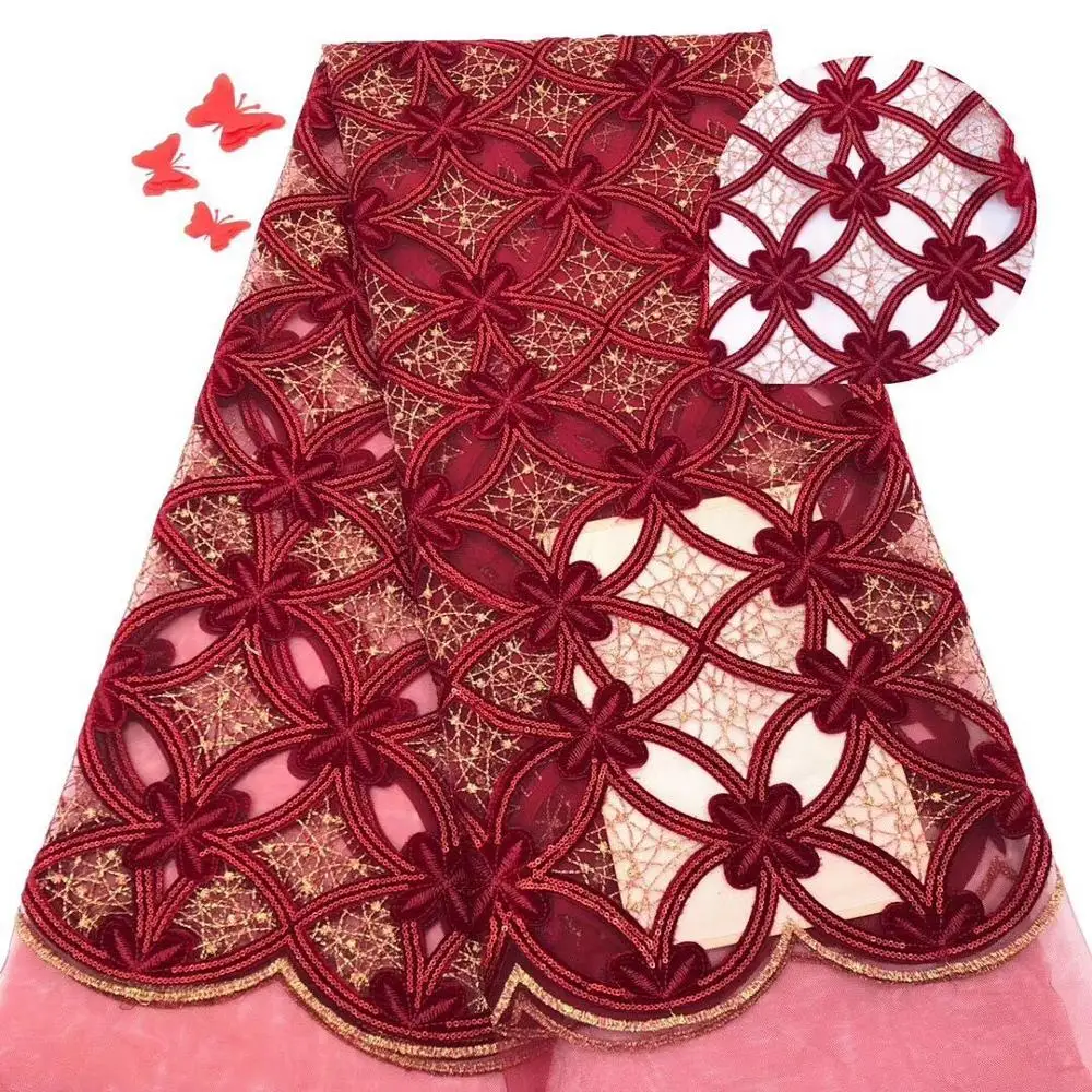 

Latest African Lace Fabric 2019 High Quality Wine color French lace Mix Velvet borders For Party Dresses 5 yards per piece