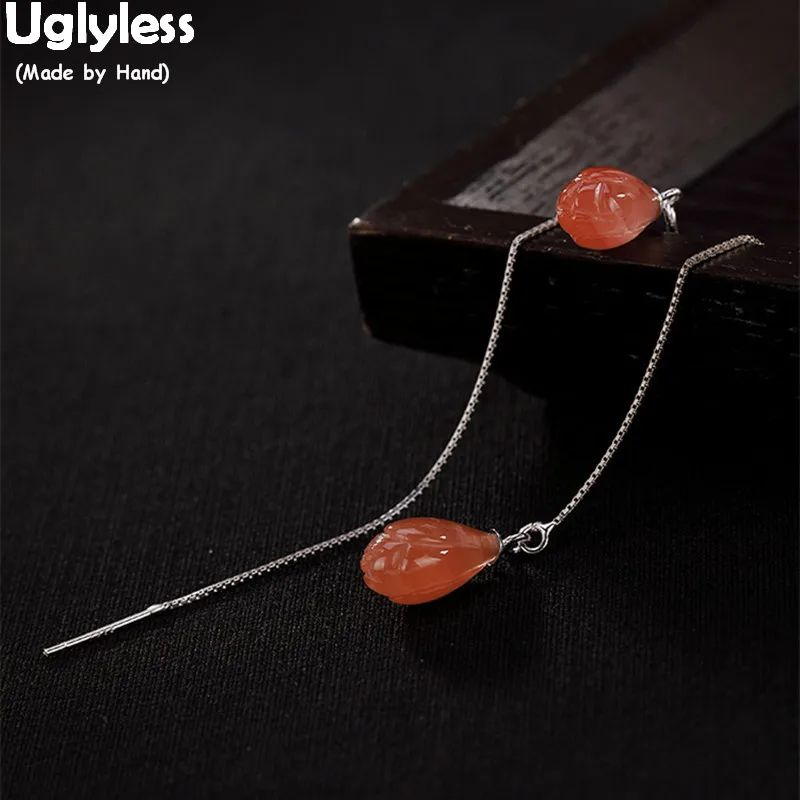 

Uglyless Handmade Agate Magnolia Earrings Women 100% Real Solid 925 Silver Flower Ear Lines Natural Red Gemstones Fine Jewelry