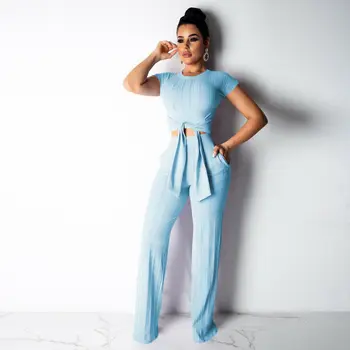 

Women 2 Piece Outfits Short Sleeve Crop Top Pant Set Slim Casual Jumpsuit Outfit Set Clothing Solid High Wasit Belt Long Pants