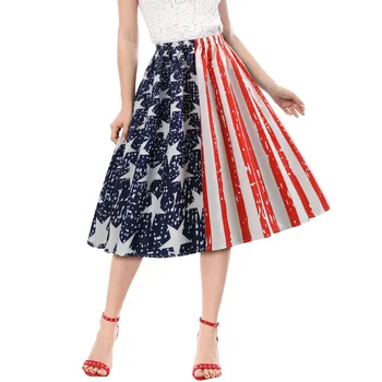 

KLV Women Fashion American Flag Print Skirt Female Prom Swing Elastic Band Skirt Casual Mid-Calf A-Line Skirts Dropship 4.4
