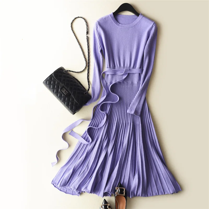 Новинка, осенне-зимнее винтажное длинное плиссированное платье, женское однотонное платье с длинным рукавом в стиле ампир, сексуальное элегантное вязаное платье с v-образным вырезом - Цвет: Light purple