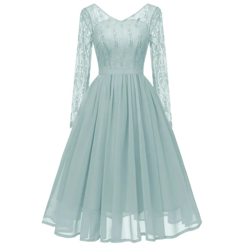 

Vintage Long Sleeve Lace Party Dress 2019 Autumn Fall Women Chiffon Backless V-Neck Midi Formal Evening Wedding Elegant Dresses
