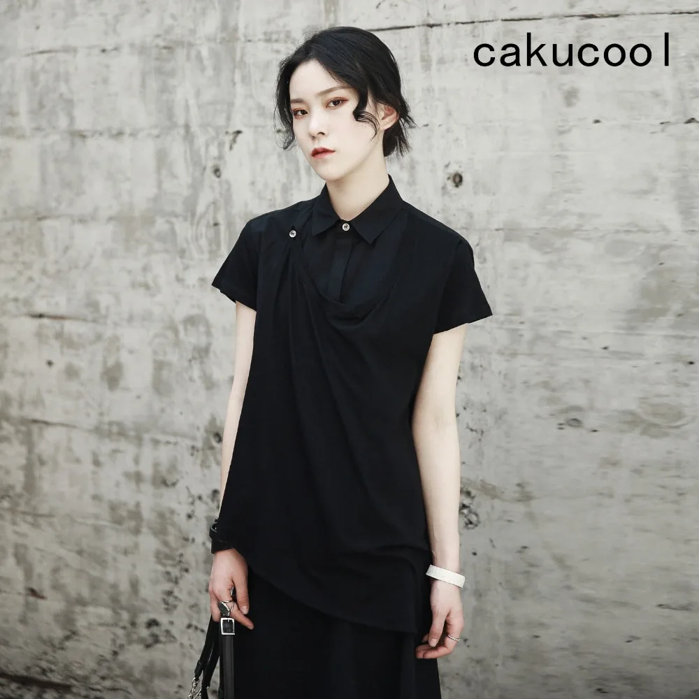 

Cakucool Women Summer Short Sleeve Blouse Turn-down Collar Faux Two-piece Patch Slim Blusas Normcore Design Blouses Shirt Female