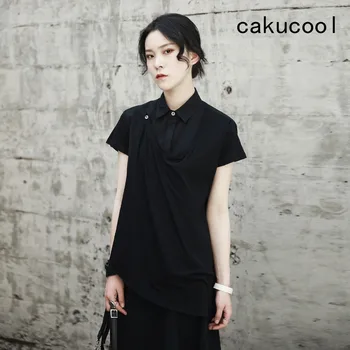 

Cakucool Women Summer Short Sleeve Blouse Turn-down Collar Faux Two-piece Patch Slim Blusas Normcore Design Blouses Shirt Female