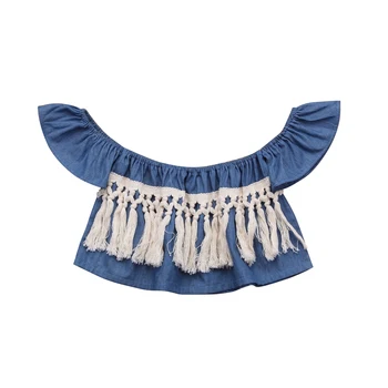 

Fashion Girls Clothing Newborn Kids Baby Gilrs Denim Tassels Off Shoulder Tops Summer T-Shirts Clothes Outfit 0-3T