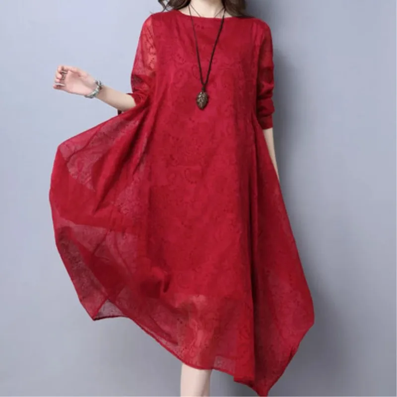 

Spring And Summer Female Cotton And Linen Baggy And Loose Dresses Women's Plus Size False Hemp Silk Dress