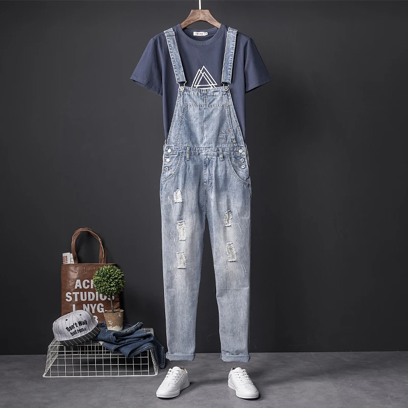 

M-5XL New 2018 men's clothing Hair Stylist fashion Conjoined jeans Broken beggar pants Garment Bib Pants Plus Size costumes