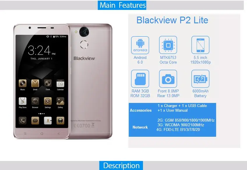 Blackview P2 lite 4G мобильный телефон 5," FHD MTK6753 Восьмиядерный Android 7,0 3 ГБ ОЗУ 32 Гб ПЗУ 13 МП 6000 мАч отпечаток пальца ID смартфон