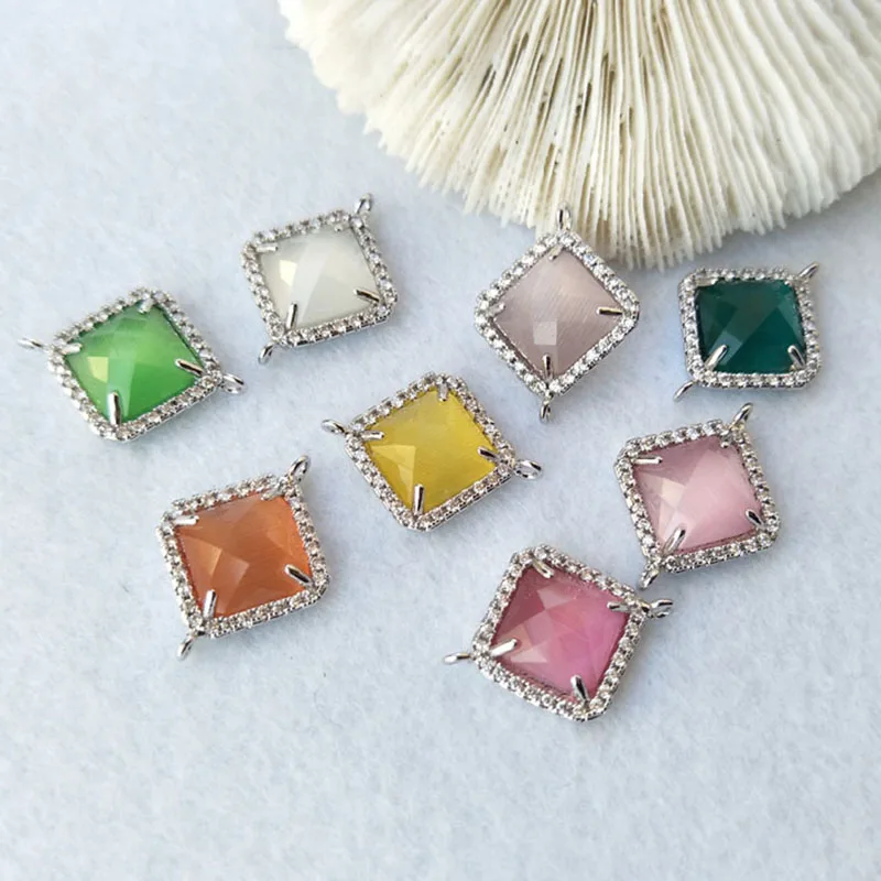 

10pcs Mixed Color Cat Eye Stone opal Faceted square Connector beads For Making DIY Bracelet necklace Jewelry finding CT256