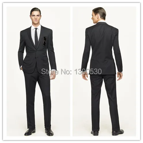 

HOT SELLING 100% wool Hand made solid black 2 pieces(jacket+pants) two buttons slim notch lapel men suit oem