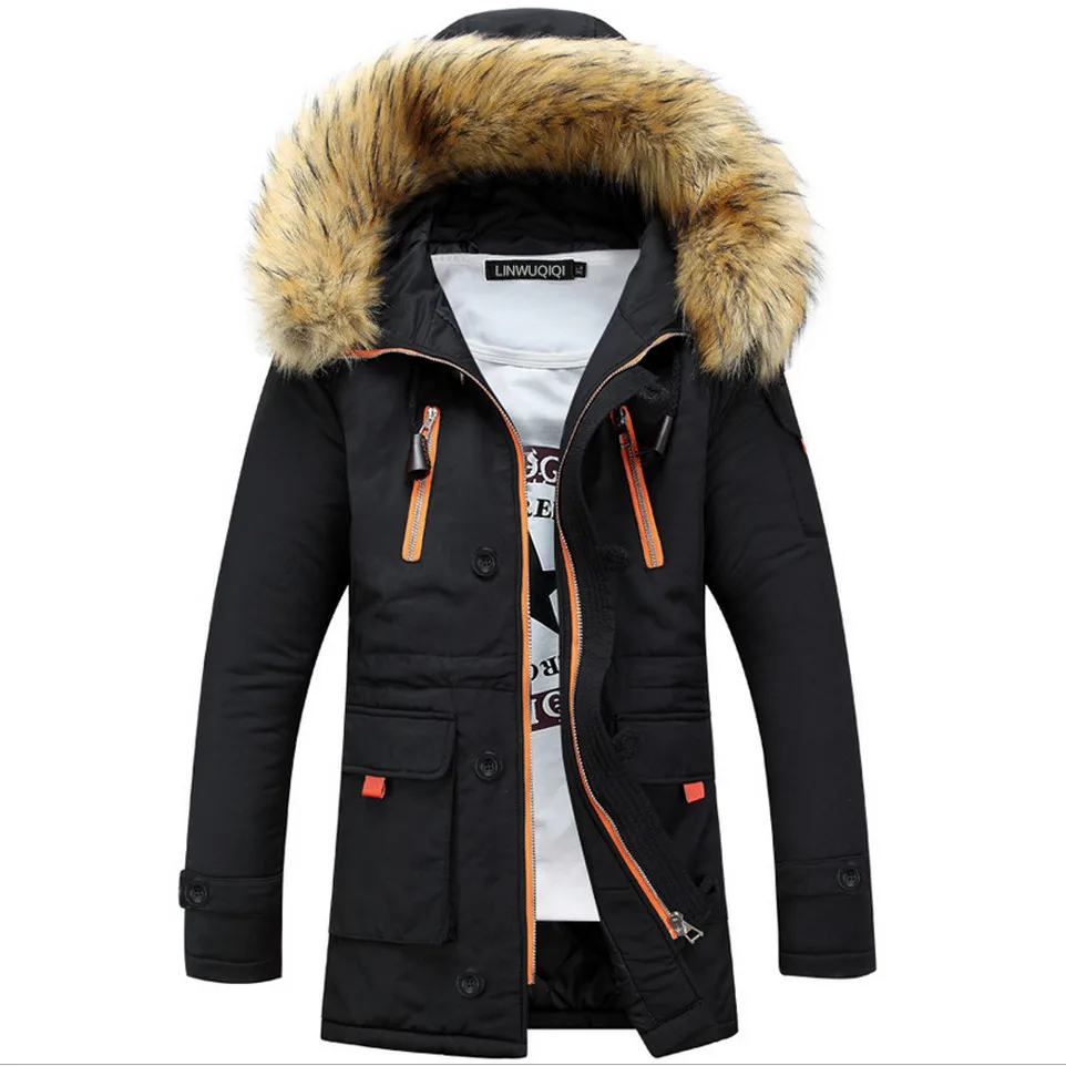 S-3XL, Зимняя парка, мужское пальто, модное, большой меховой воротник, ватная куртка, модная, однотонная, с карманами, на молнии, верхняя одежда для мужчин размера плюс