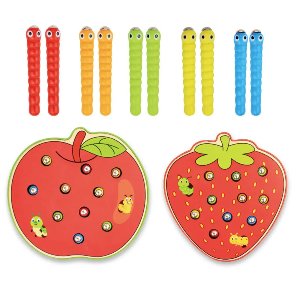 

Apple Strawberry Kids Wooden Toys Catch Worms Games with Magnetic Stick Montessori Educational Creature Blocks Interactive Toys
