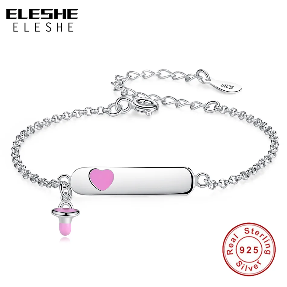 

ELESHE 100% 925 Sterling Silver Pink Feeding Bottle Heart Charm Bracelet Personalize Engrave Name Bracelets for Baby Girls Kids