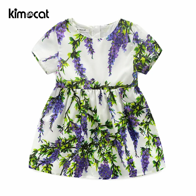 KIMOCAT/для маленьких девочек одежда короткий рукав Сирень печати модно буколическое Стиль хлопок Свадебная вечеринка Торжественные