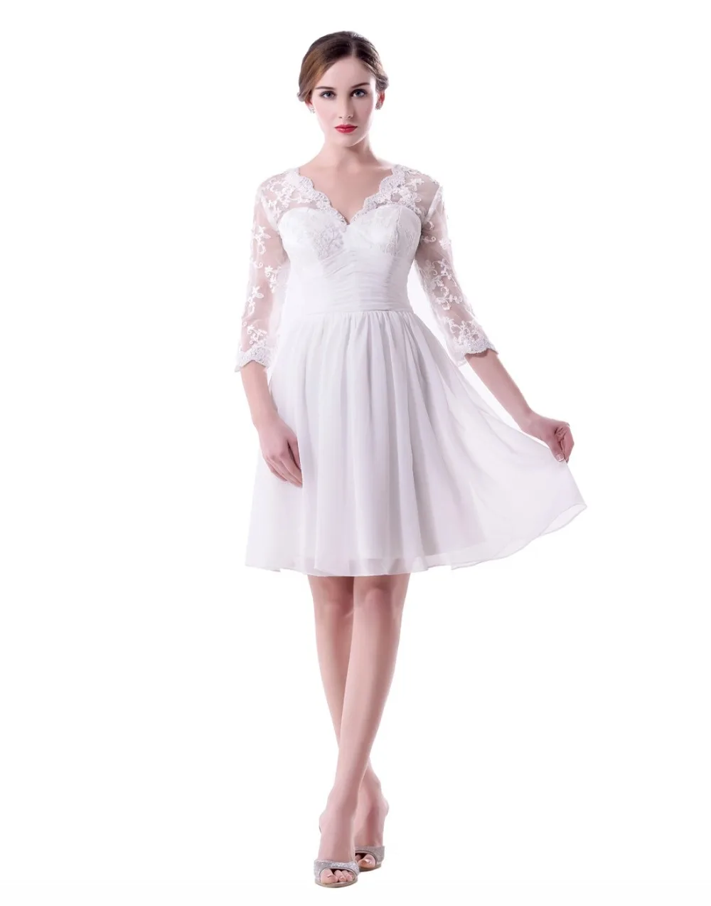 White Lace Short Prom Dresses V Neck 2017 Knee Length With Half Sleeve