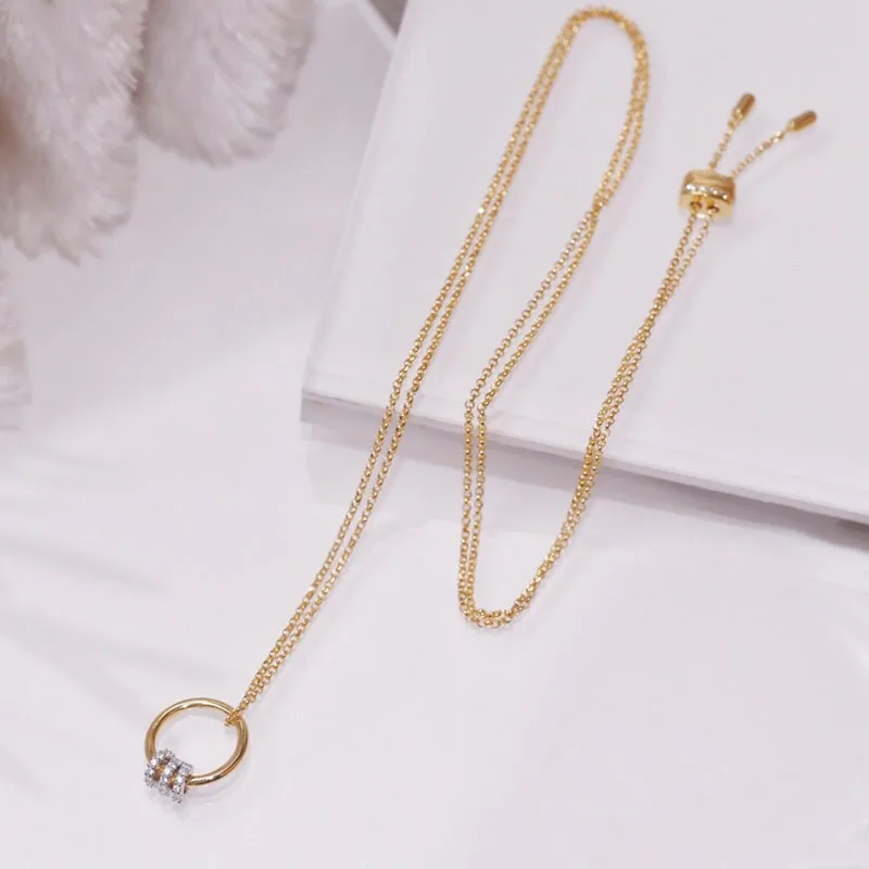 

SLJELY 925 Sterling Silver Yellow Gold Color Circle Pendant Necklace with Sliding hoops Pave Cubic Zirconia Women Luxury Jewelry