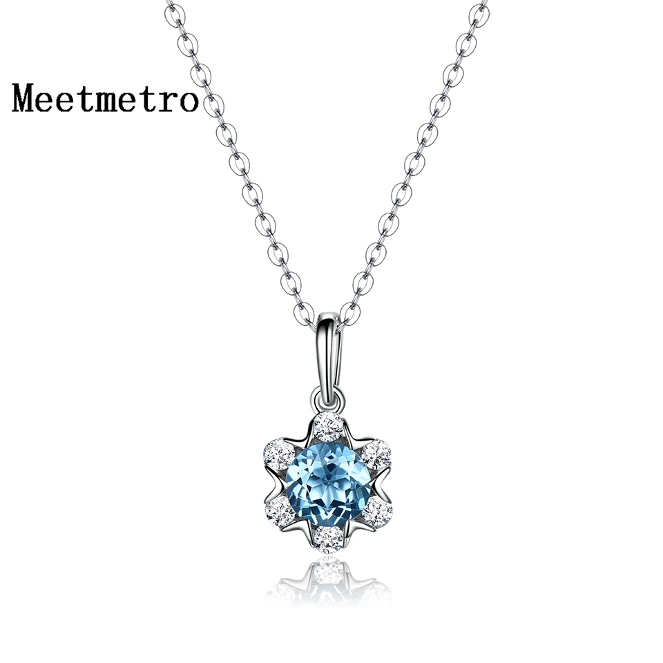 

Meetmetro Natural stone Sky Blue Topaz Pendant Round Cut Solid 18K White Gold Jewelry Not Include the Chain