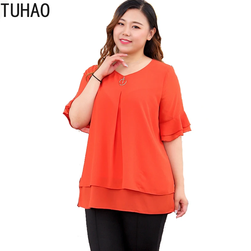 

TUHAO High Quality SUMMER Orange Women Blouse Plus Size 10XL 8XL ELEGANT Office Lady Blouses Woman's Tops Casual Shirts MS05