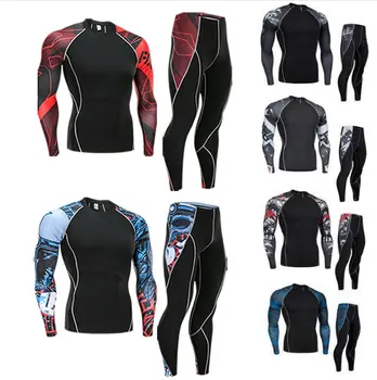 

2 piece tracksuit men compression suit rashgarda mma long sleeves tights thermal underwear base layer Teen fitness leggings 4XL