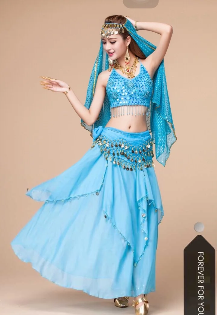 Костюм для танца живота Индийский Болливуд одежда (топ + юбка пояс вуаль)|indian