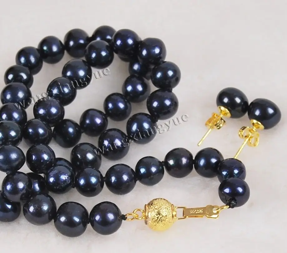 

Free Shipping 8-9mm Real Black Akoya Cultured Pearl 14KGP GP Clasp Necklace Earrings Set 18"