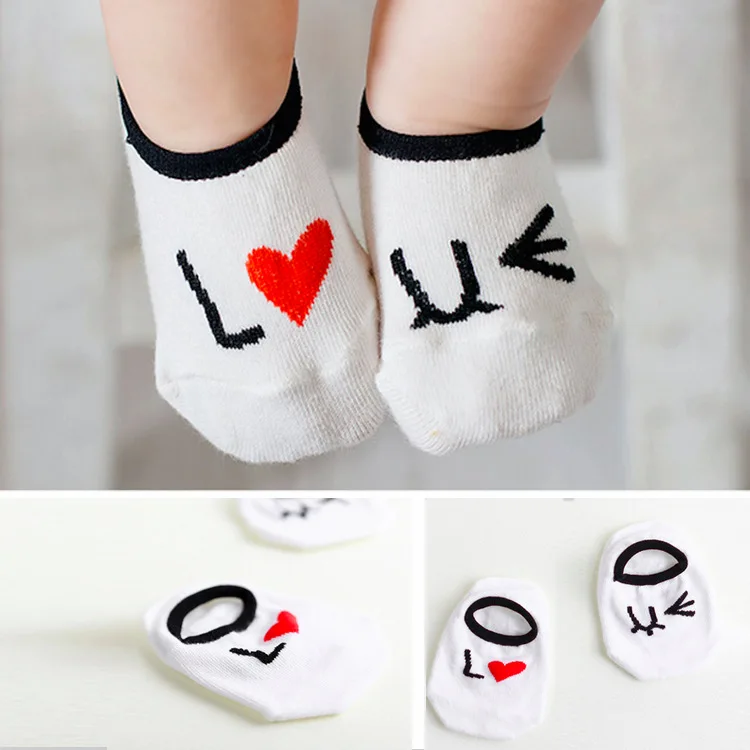 Носки-тапочки для малыша нескользящие детские носки белые детские носки для новорожденных малышей короткие носки с нарисованной надписью «I Love You» хлопковая одежда для девочек и мальчиков