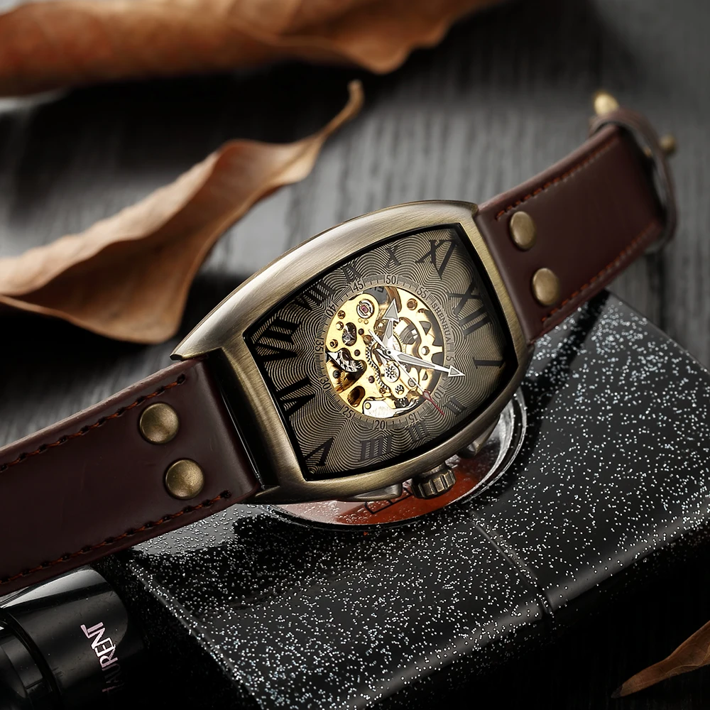Shenhua, винтажные автоматические часы, мужские механические наручные часы, мужские Модные Ретро бронзовые часы со скелетом, часы для мужчин