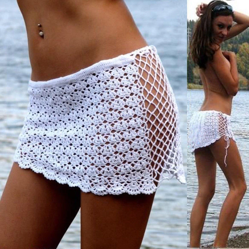Women Wrap Mini Skirt Crochet Bikini Cover Up Sexy Swimwear Bathing Suit Summer Beach Hollow Out Net White Skirt 2019 Clothes