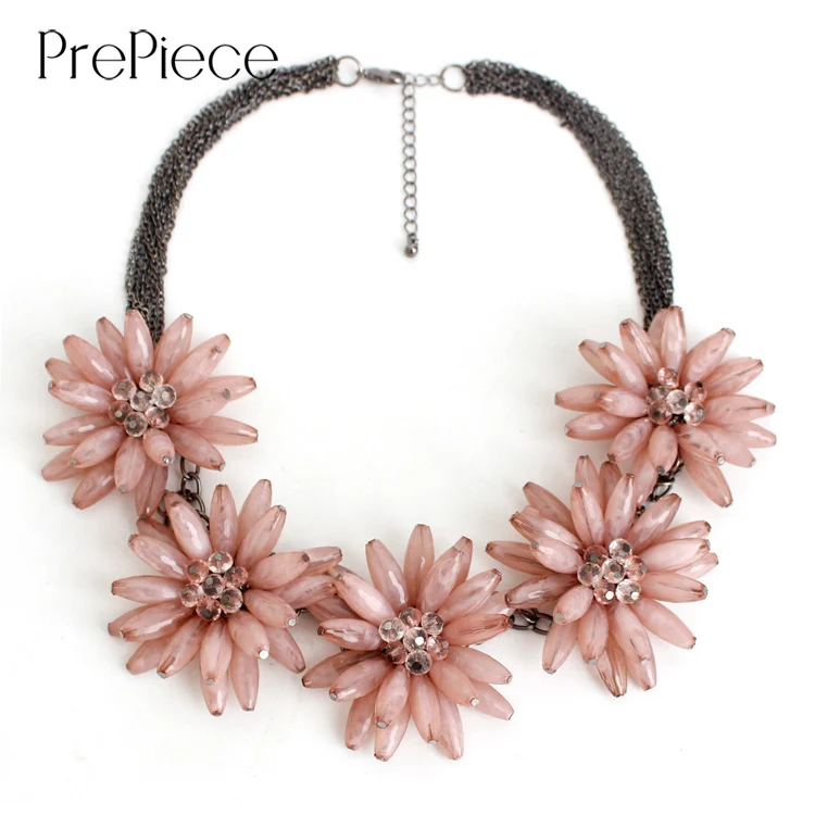 

PrePiece Elegant Pink Blue Red Color Multi-layer Chain 5 Flower Statement Necklace New Fashion Jewelry for Women Bijoux PN0364
