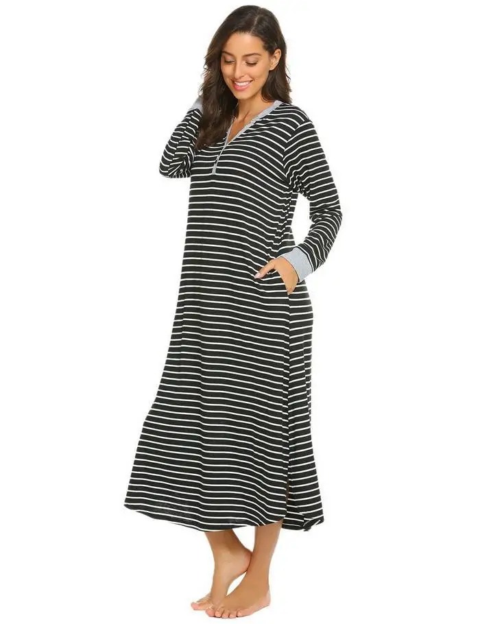 Ekouaer Women Long Nightdress Chemise Nightgown Casua Long l Sleeve V Neck Stripe Sleepwear Nightgown Female Sleepshirts