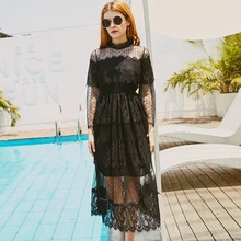 

Summer Boho Style Perspective Lace Embriodered Lady Dress Stand Collar Long Lace Sleeves Black White Midi Dress Women