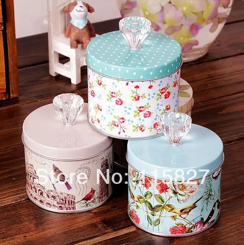 

Free Shipping! 4pc/lot Vintage Flower Design Cute Jewelry Box Round Storage Case with crystal Handle Tin Storage Box Hot Selling