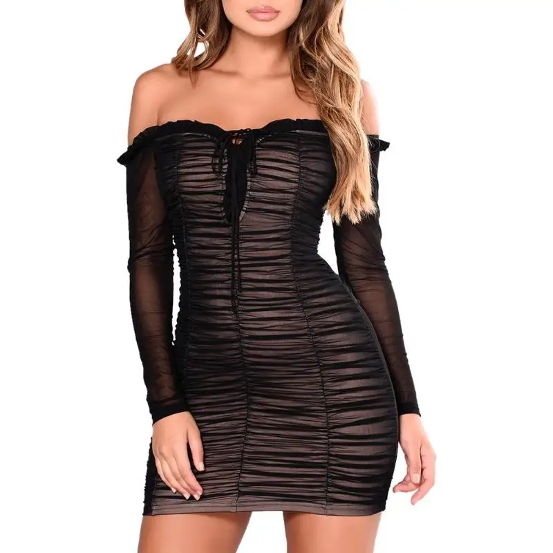 

Sexy Strapless Pleated Bodycon Dresses Perspective Off Shoulder Lace-up Club Mini Hip-wrapped Dress Women Black/White Clothes
